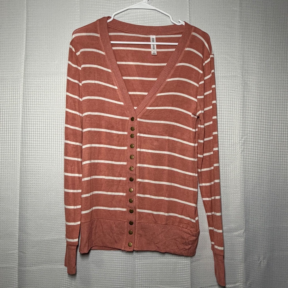 Zenana Outfitters Striped Cardigan S Pink White Button Front Lightweight Knit